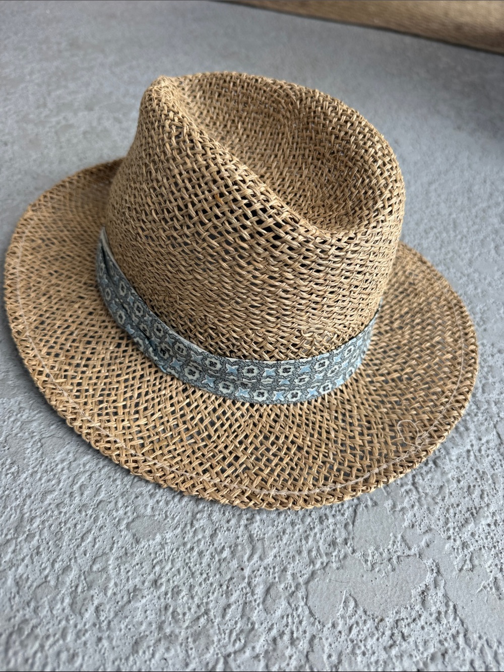 Woven Straw Fedora Hat Boho Beach Sun Hat w/ Patterned Band